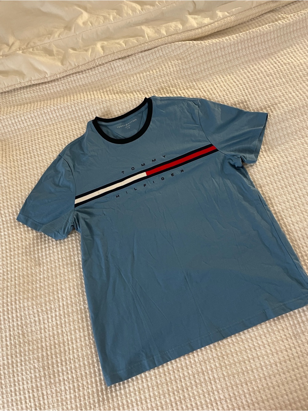 Tommy Hilfiger Light Blue Short Sleeve Tee with Red/White/Navy Stripe